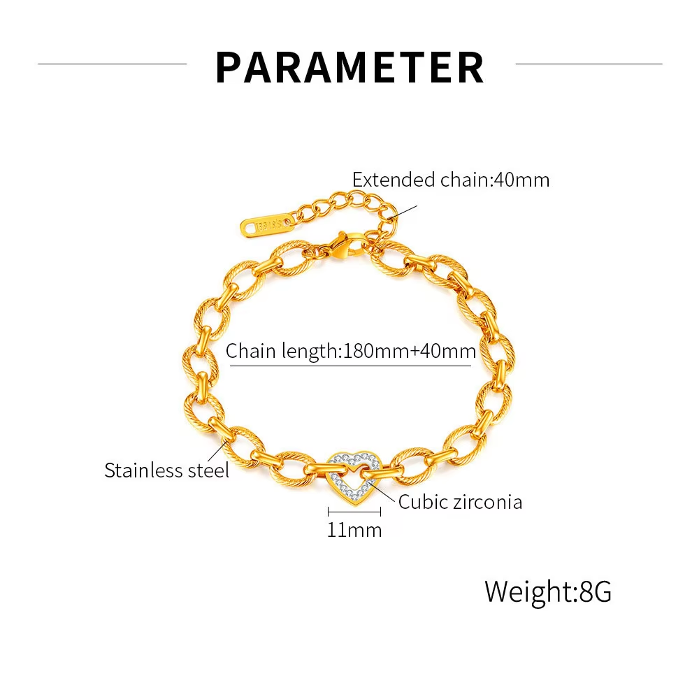 Non-Tarnish Waterproof 316L Stainless Steel Twist Chain CZ Heart Charm Bracelet for Women Jewelry,NaBaiYu,Non-Tarnish Waterproof 316L Stainless Steel Twist Chain CZ Heart Charm Bracelet for Women Jewelry