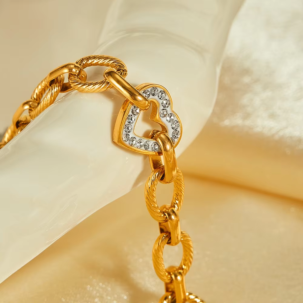 Non-Tarnish Waterproof 316L Stainless Steel Twist Chain CZ Heart Charm Bracelet for Women Jewelry,NaBaiYu,Non-Tarnish Waterproof 316L Stainless Steel Twist Chain CZ Heart Charm Bracelet for Women Jewelry