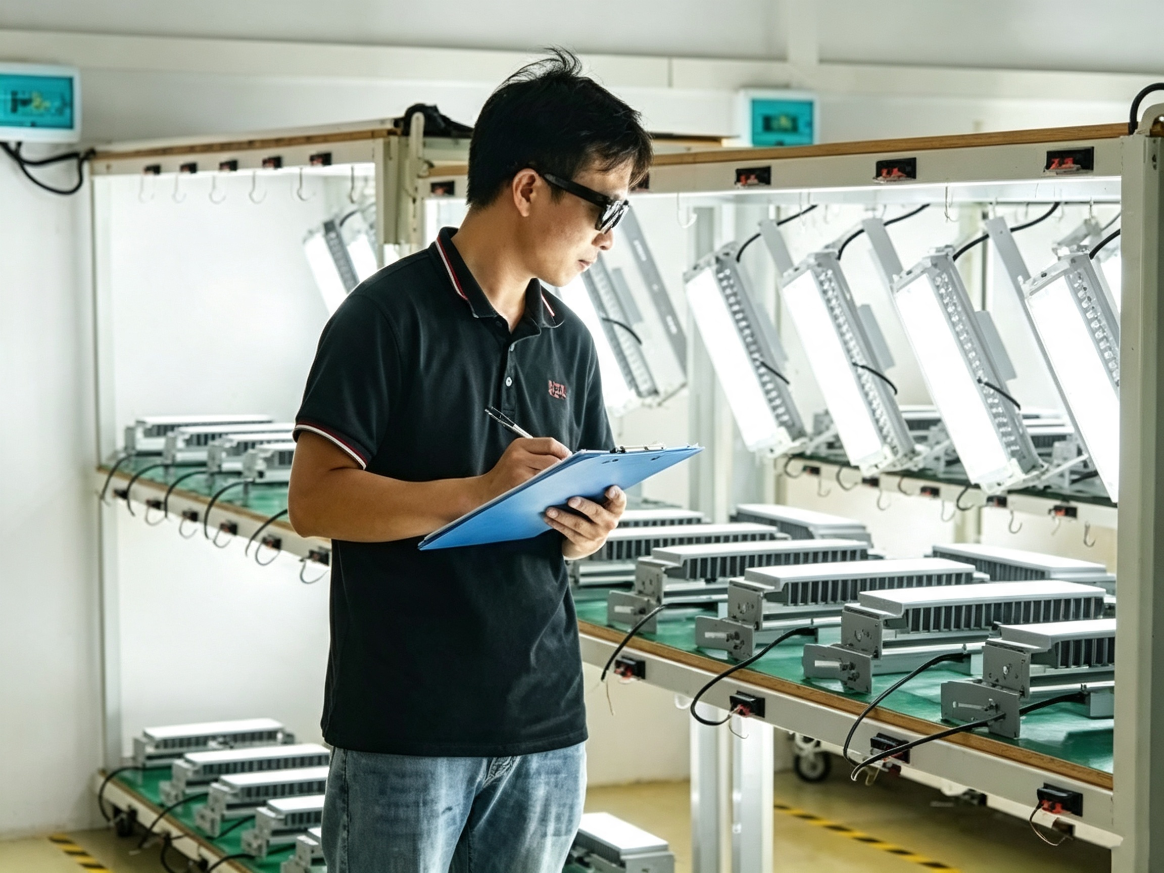 Dayu Optotech team testing LED flood light aging performance