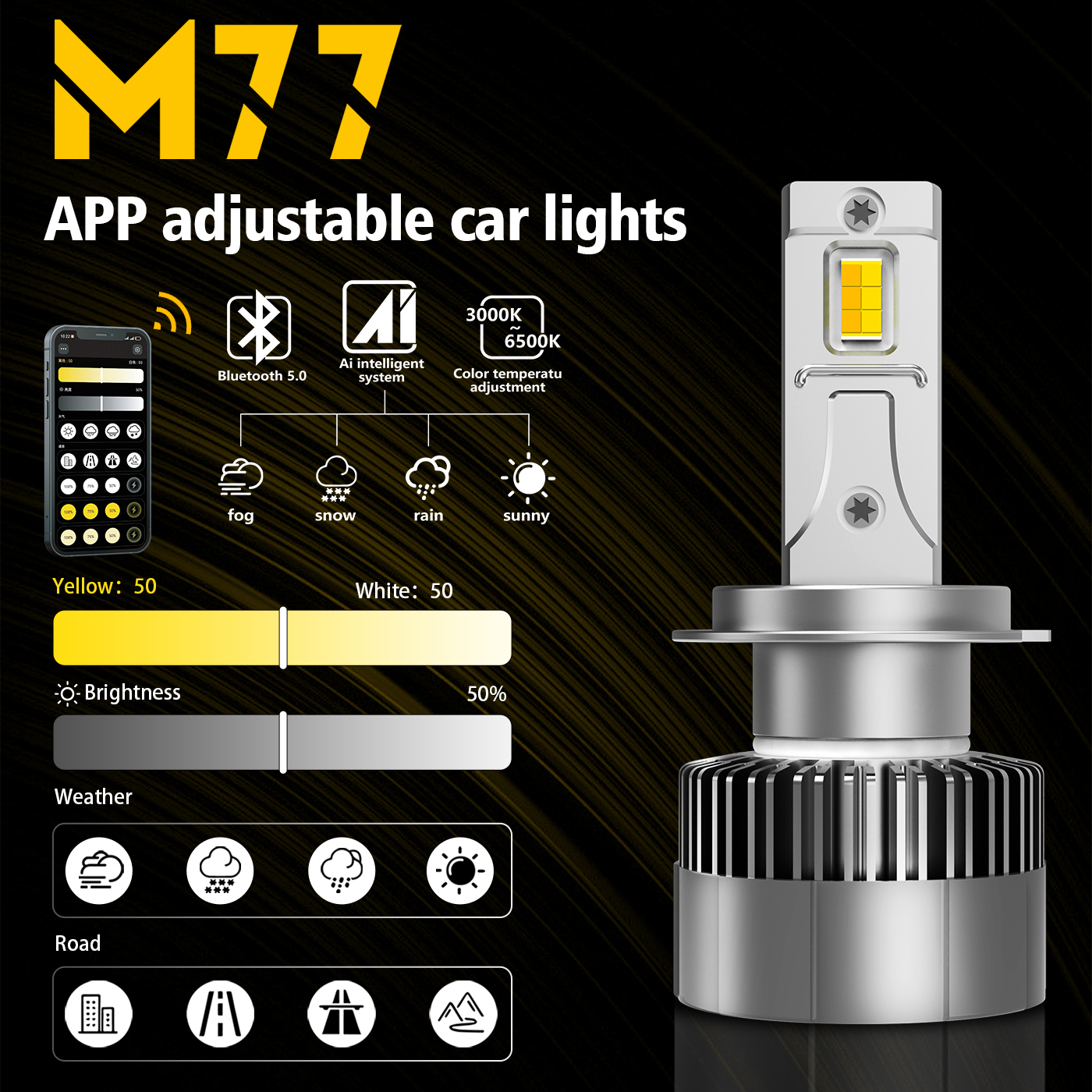 Sungmo M77 Series APP-Controlled LED Headlight – 120W Dual Copper Tube,Sungmo LED Lighting,M77 APP-Controlled LED Headlight – 120W Dimming 3000K-6500K