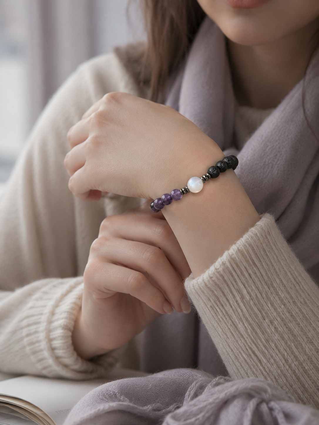 Amethyst, lava stone and moonstone elastic beaded bracelet with violet, black and white beads in 8 mm and 10 mm options
