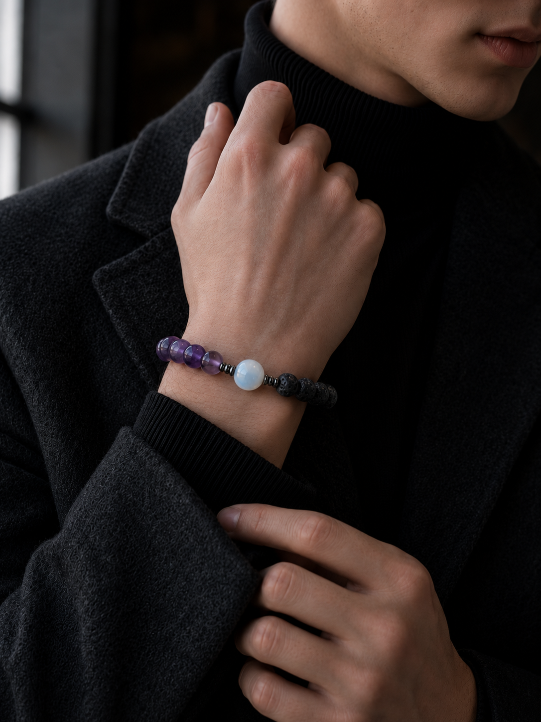 Amethyst, lava stone and moonstone elastic beaded bracelet with violet, black and white beads in 8 mm and 10 mm options