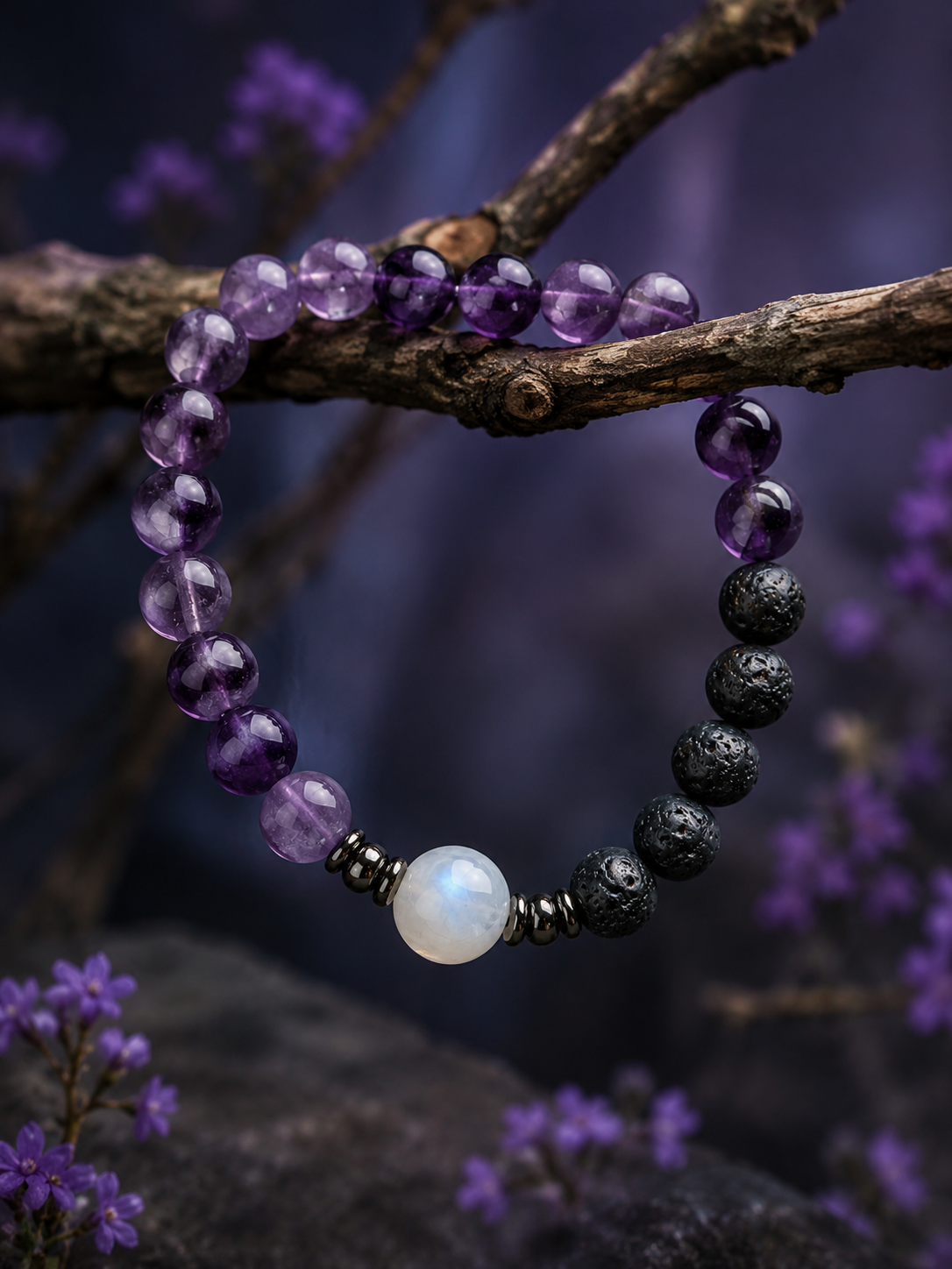 Amethyst, lava stone and moonstone elastic beaded bracelet with violet, black and white beads in 8 mm and 10 mm options