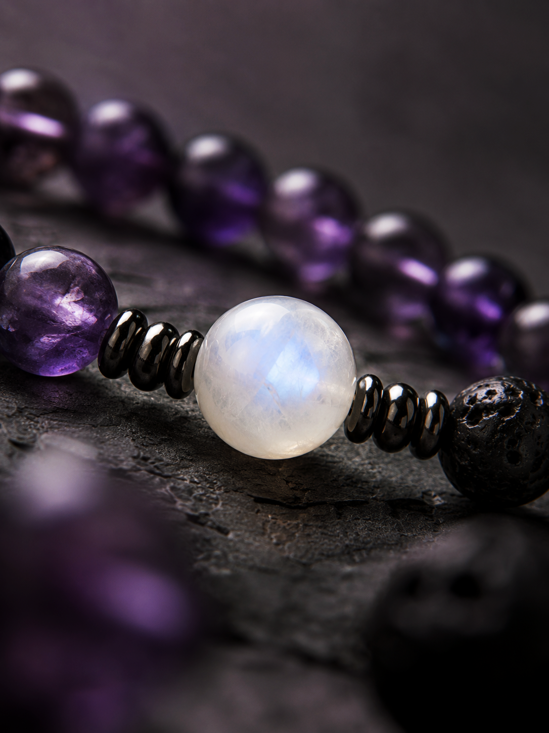 Amethyst, lava stone and moonstone elastic beaded bracelet with violet, black and white beads in 8 mm and 10 mm options