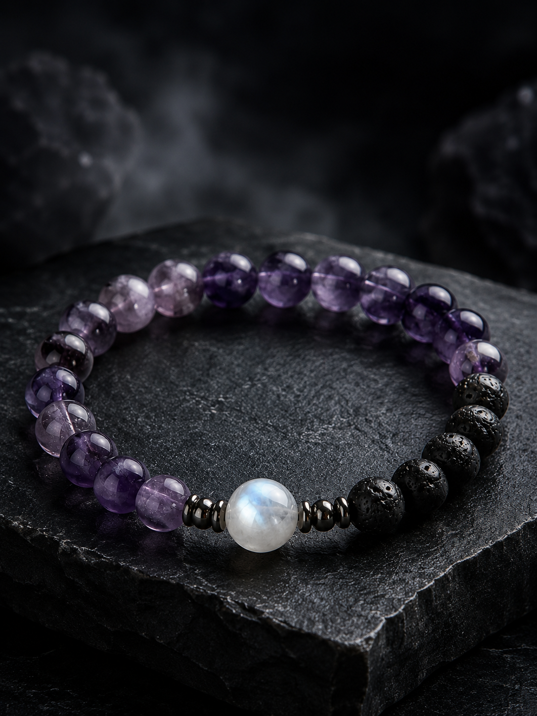 Amethyst, lava stone and moonstone elastic beaded bracelet with violet, black and white beads in 8 mm and 10 mm options