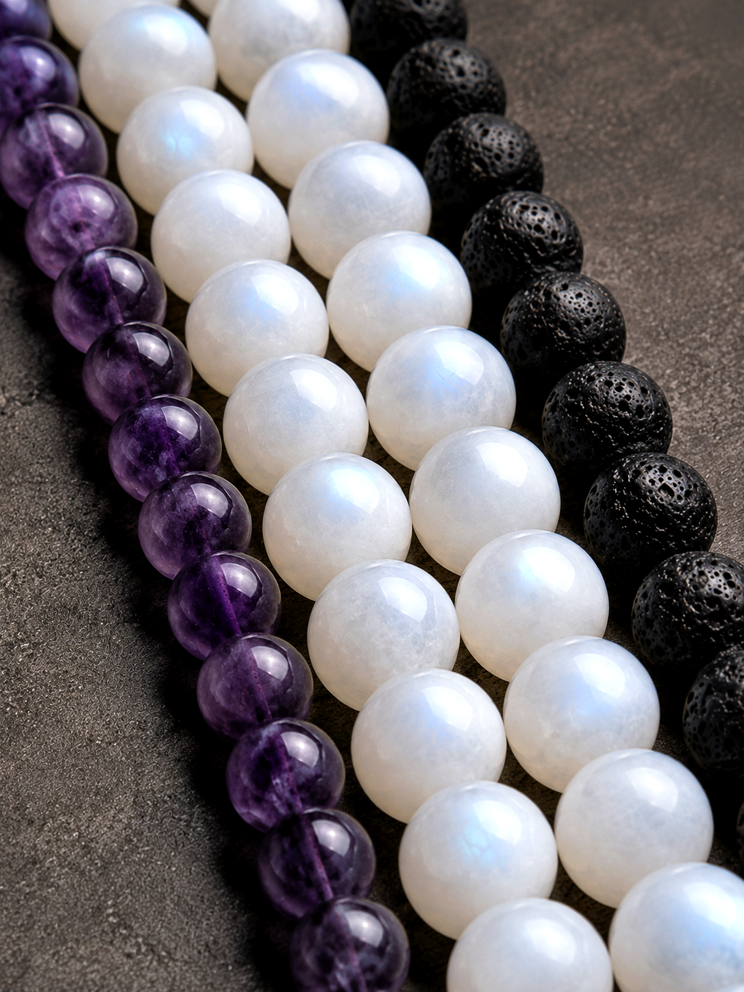 Amethyst, lava stone and moonstone elastic beaded bracelet with violet, black and white beads in 8 mm and 10 mm options