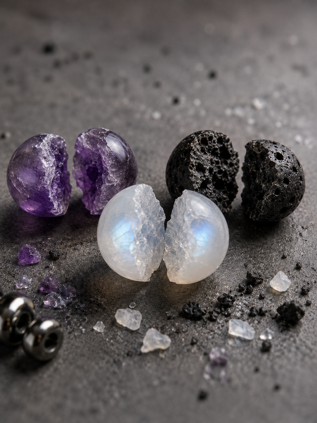 Amethyst, lava stone and moonstone elastic beaded bracelet with violet, black and white beads in 8 mm and 10 mm options