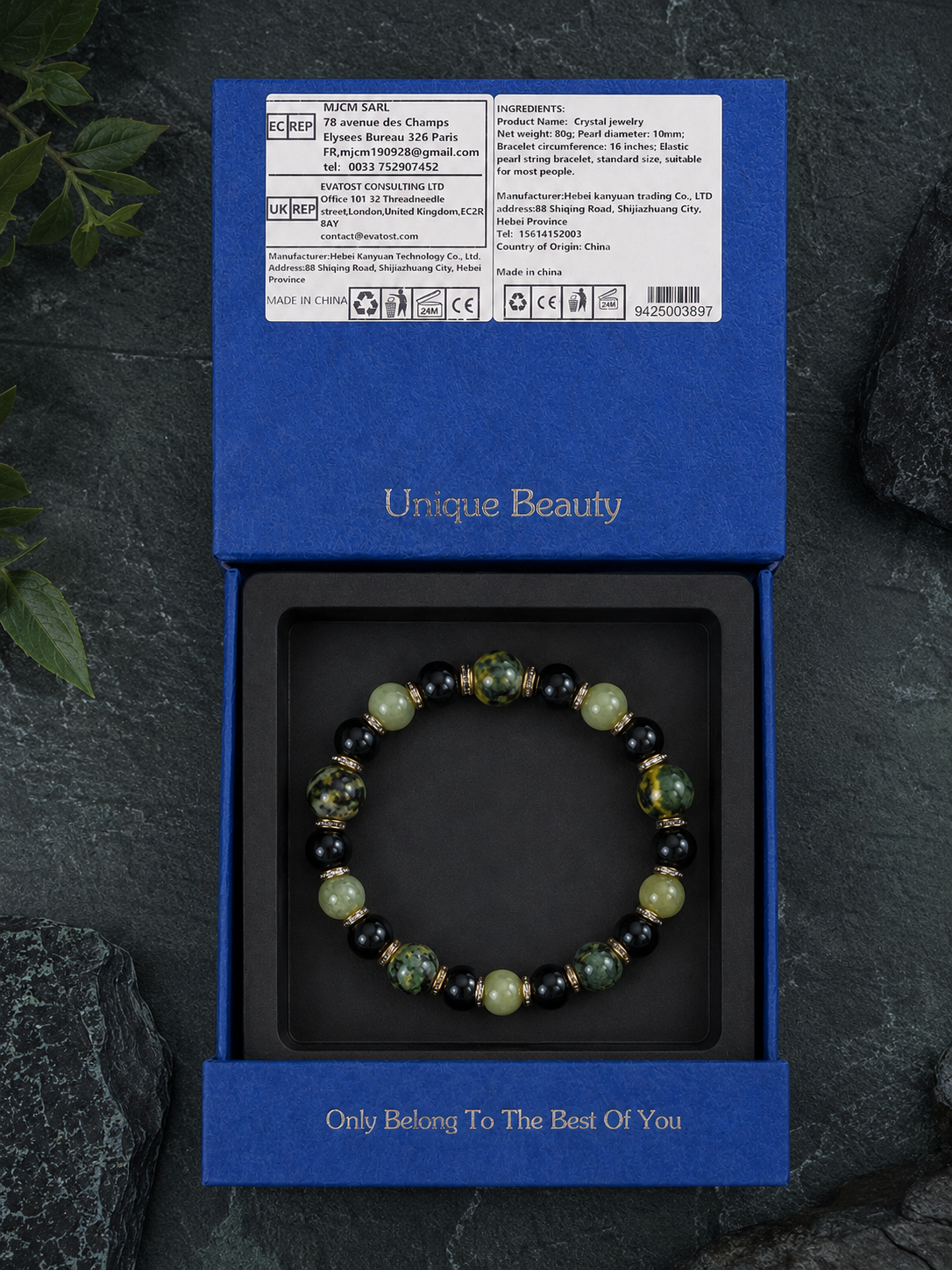 Green Dragon Vein Stone, Serpentine & Black Agate Beaded Bracelet - Renaissance