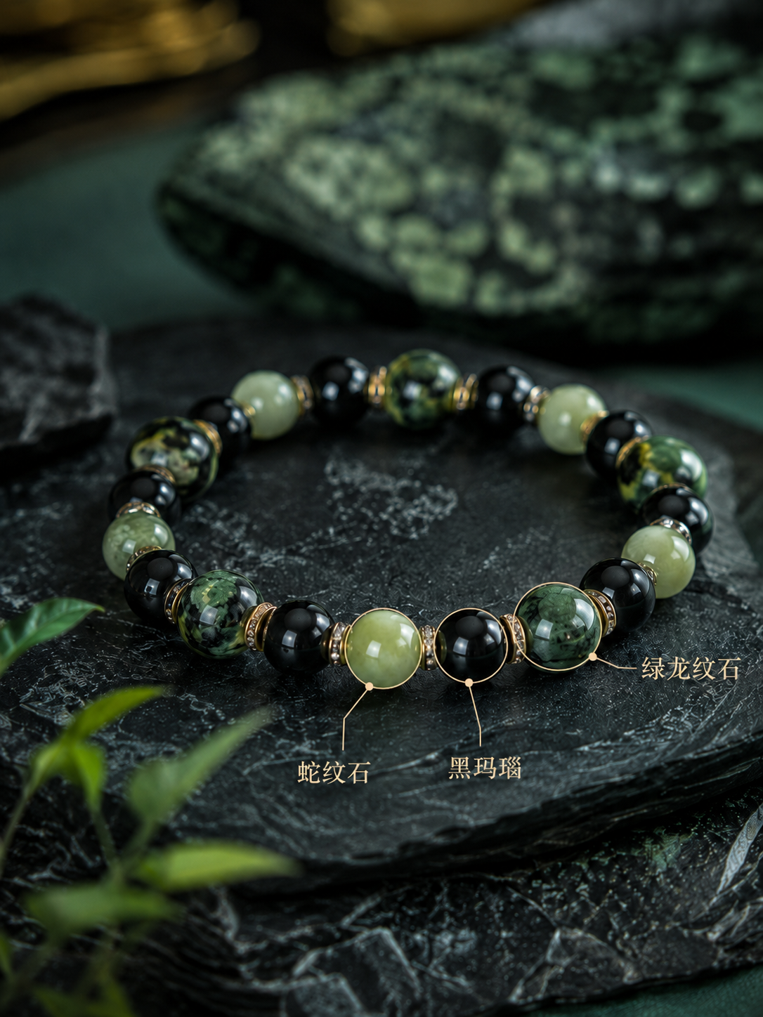 Green Dragon Vein Stone, Serpentine & Black Agate Beaded Bracelet - Renaissance