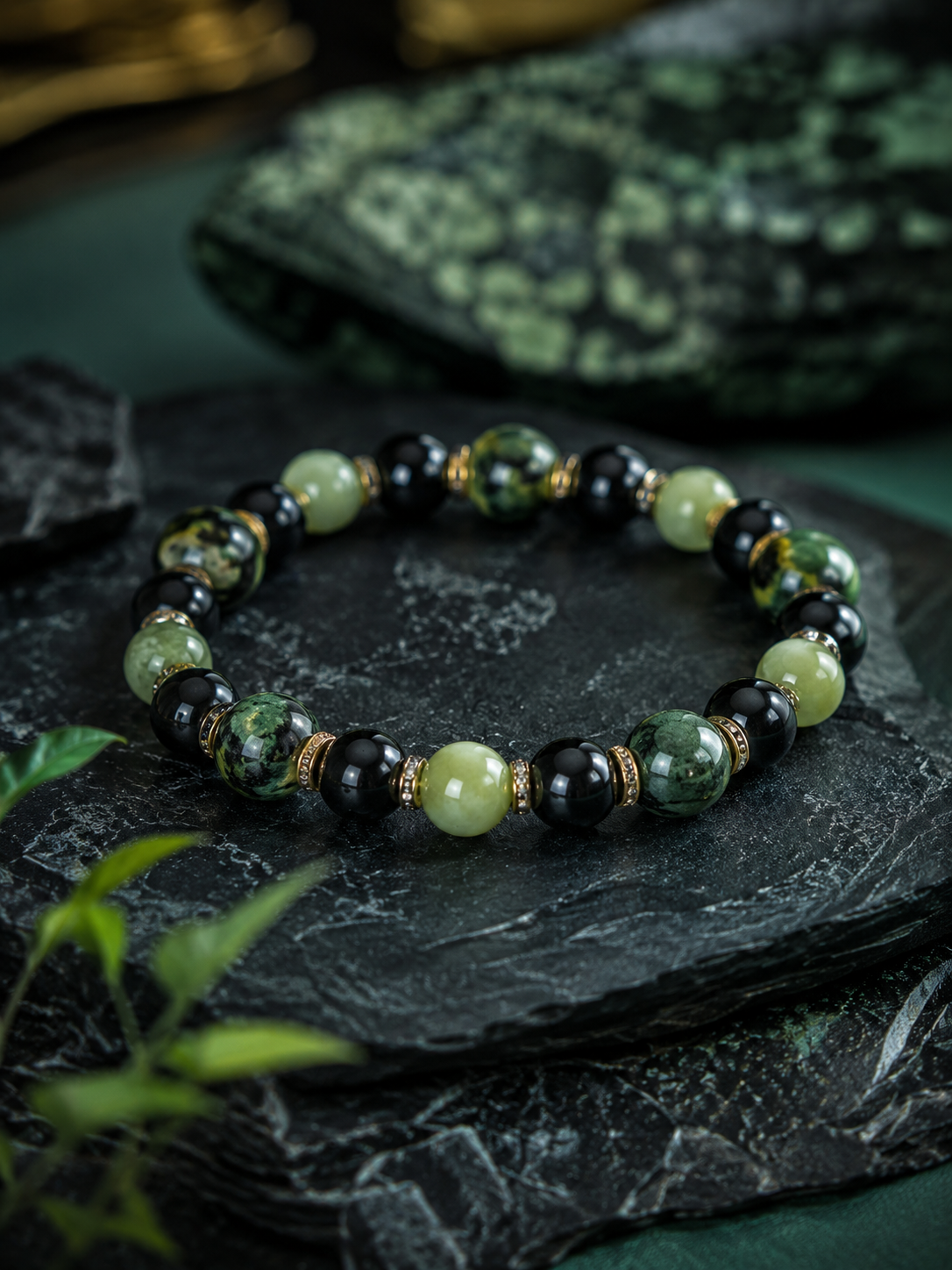 Green Dragon Vein Stone, Serpentine & Black Agate Beaded Bracelet - Renaissance
