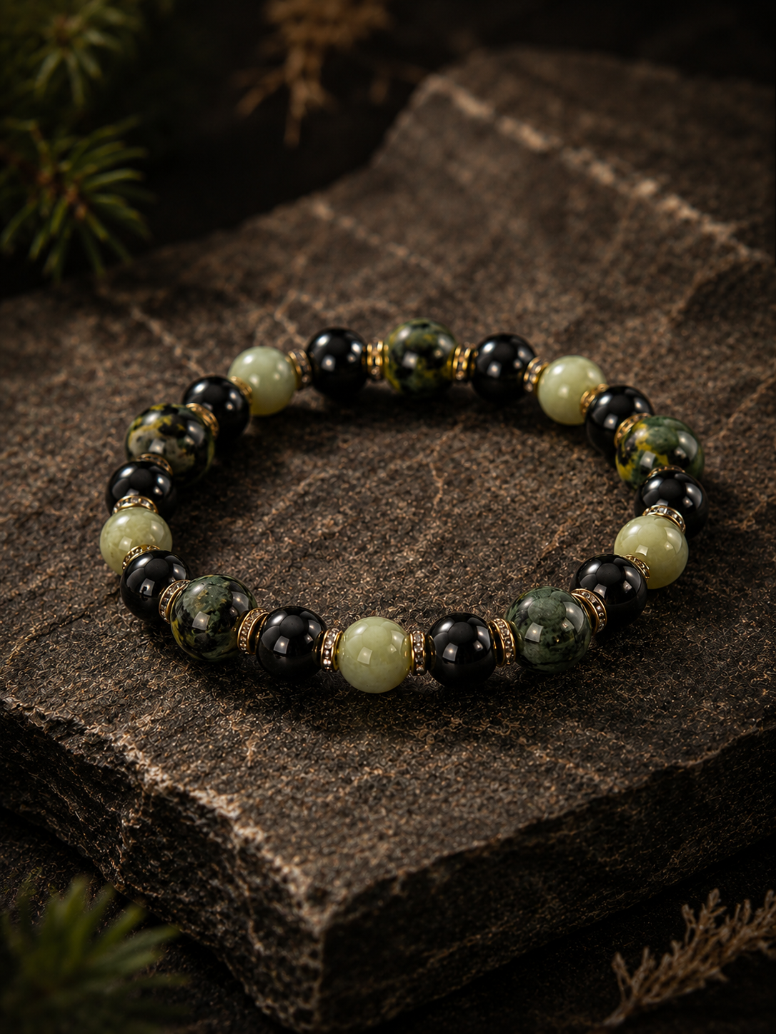 Green Dragon Vein Stone, Serpentine & Black Agate Beaded Bracelet - Renaissance