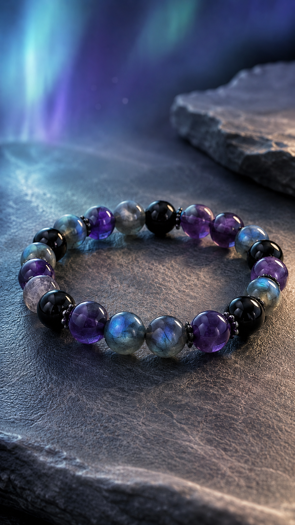 Labradorite, Amethyst & Black Obsidian Beaded Bracelet - Inner Light
