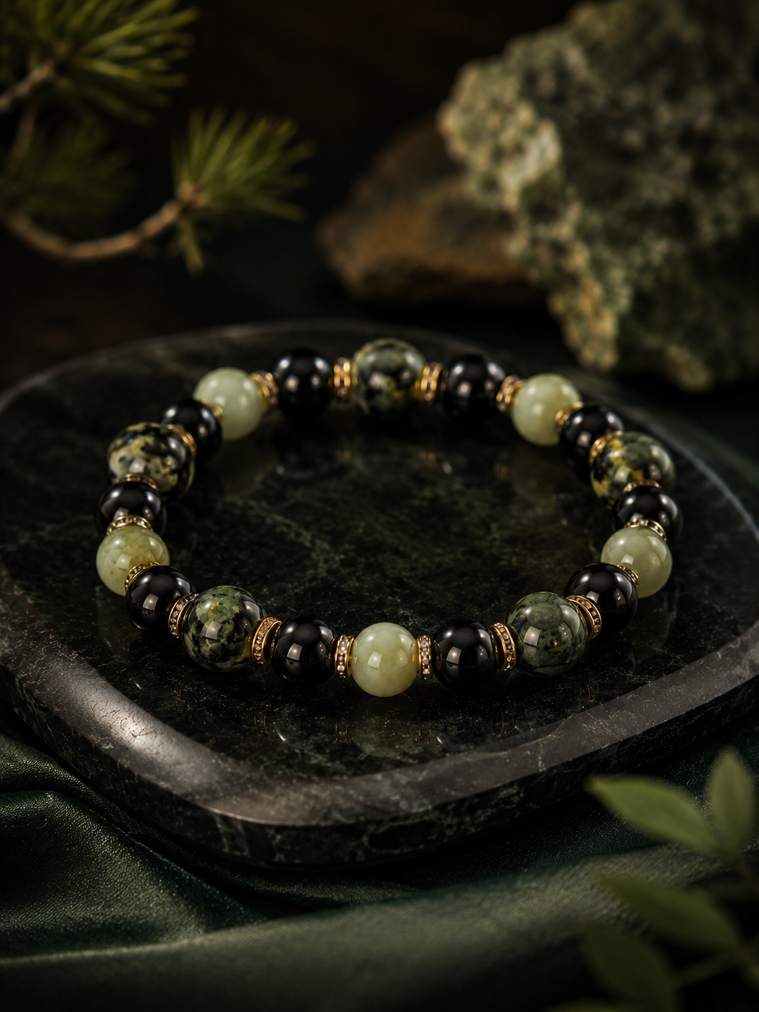 Green Dragon Vein Stone, Serpentine & Black Agate Beaded Bracelet - Renaissance