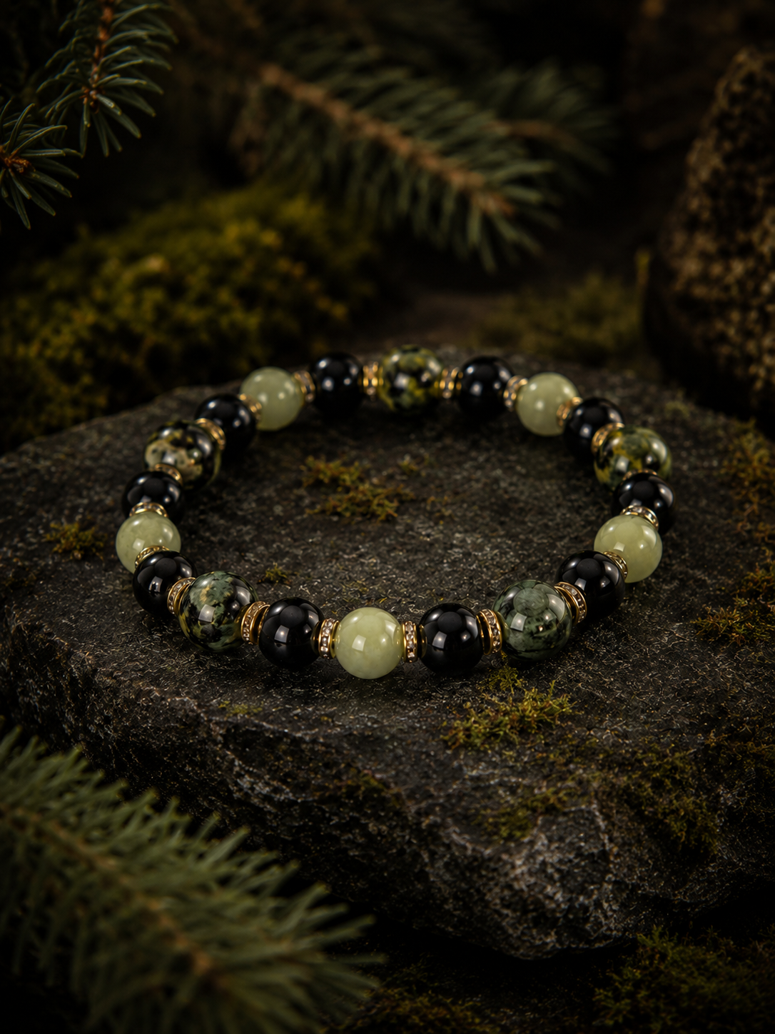 Green Dragon Vein Stone, Serpentine & Black Agate Beaded Bracelet - Renaissance