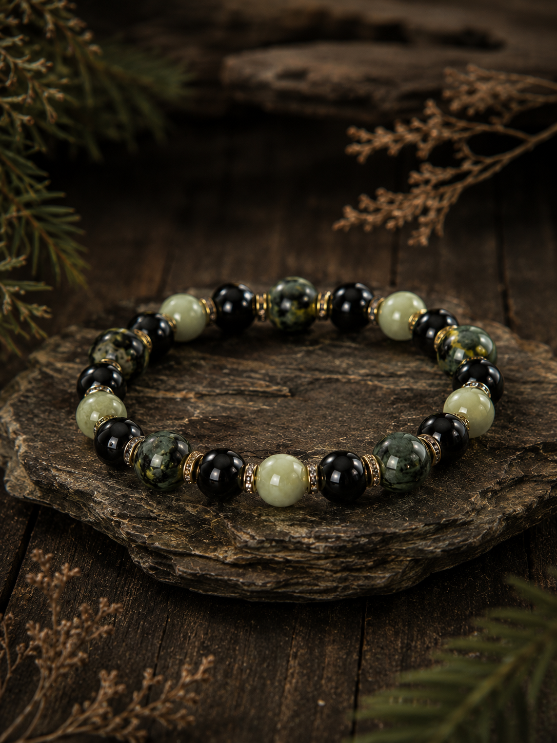 Green Dragon Vein Stone, Serpentine & Black Agate Beaded Bracelet - Renaissance