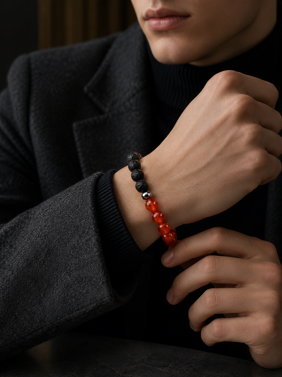 Red Agate & Lava Stone Beaded Bracelet - Ember