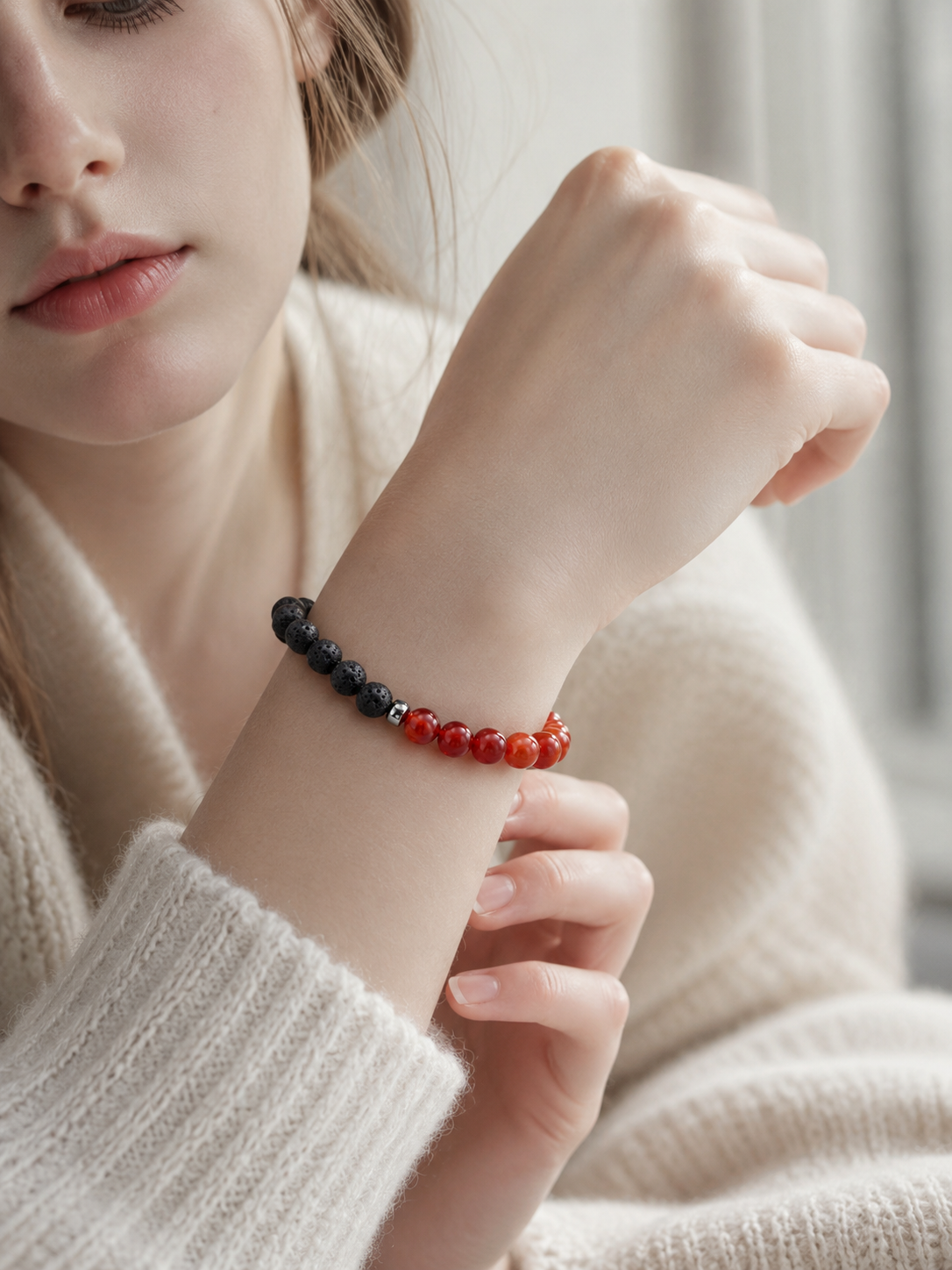 Red Agate & Lava Stone Beaded Bracelet - Ember