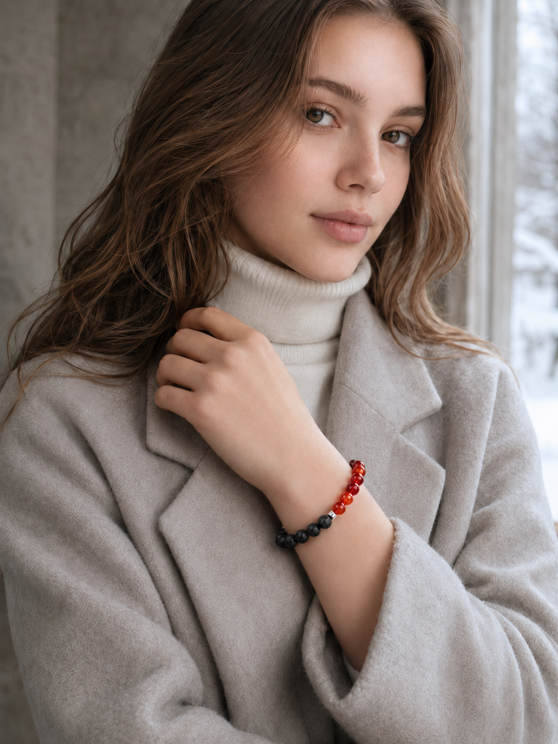 Red Agate & Lava Stone Beaded Bracelet - Ember