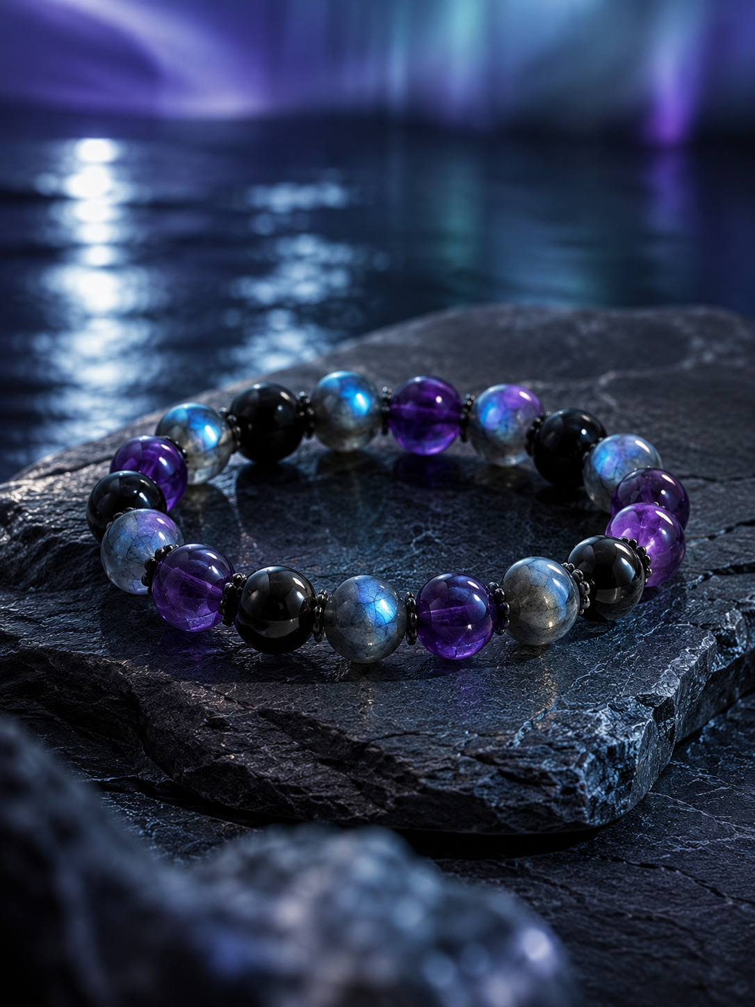 Labradorite, Amethyst & Black Obsidian Beaded Bracelet - Inner Light