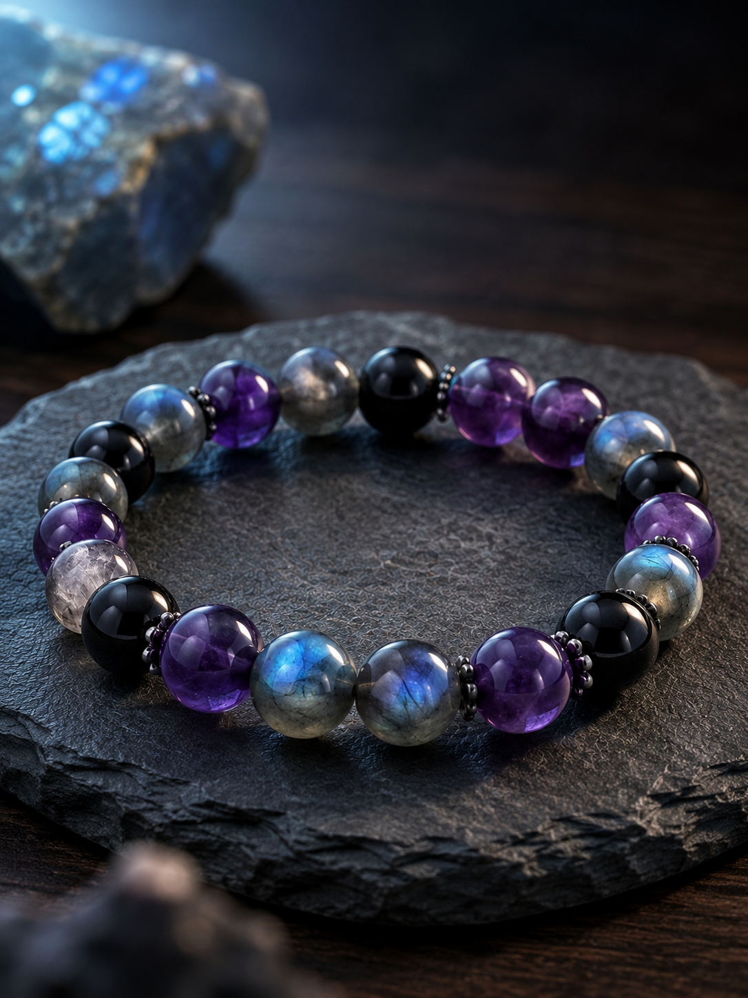 Labradorite, Amethyst & Black Obsidian Beaded Bracelet - Inner Light