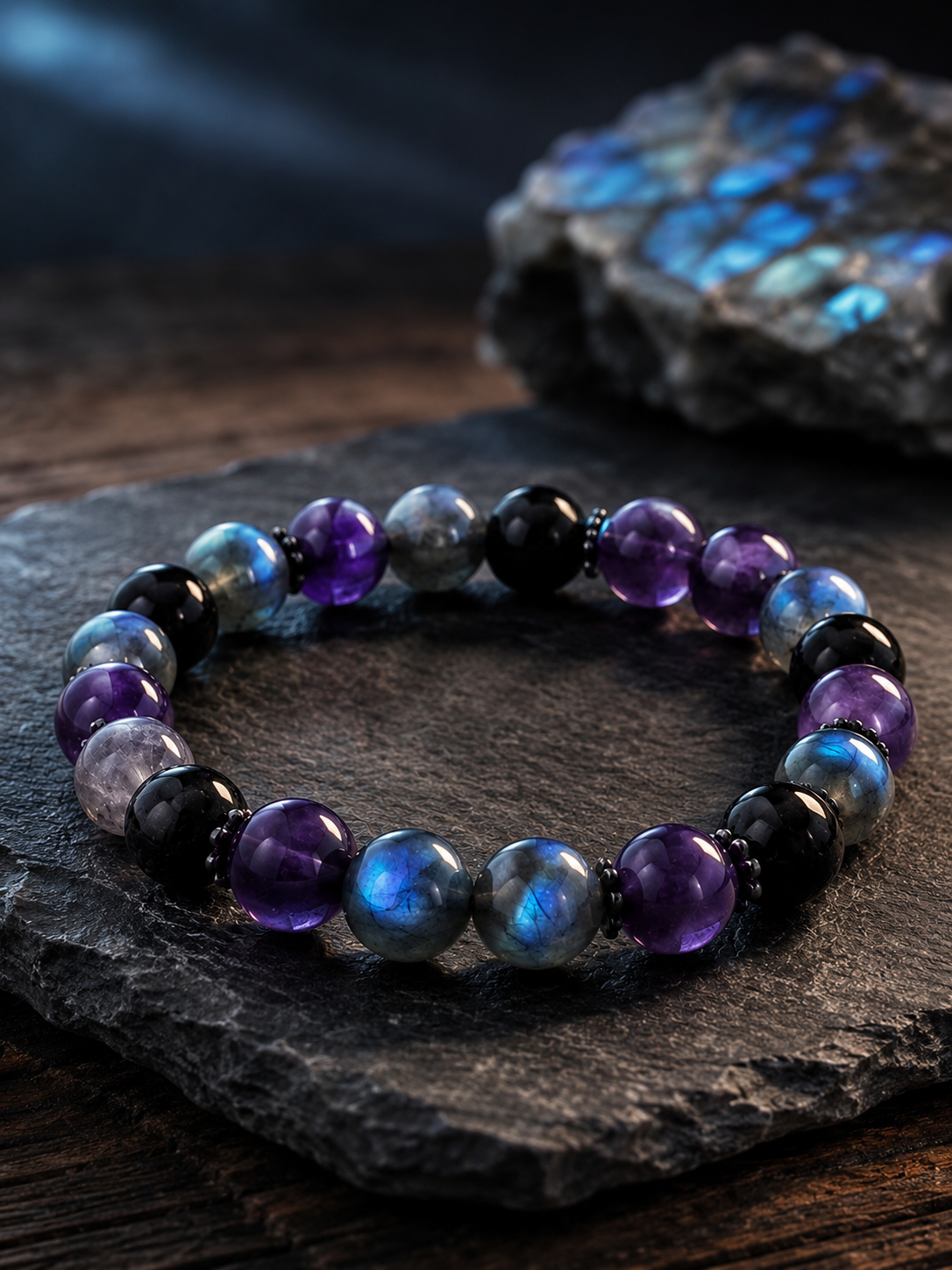 Labradorite, Amethyst & Black Obsidian Beaded Bracelet - Inner Light