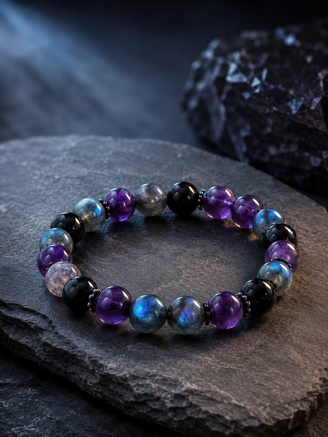 Labradorite, Amethyst & Black Obsidian Beaded Bracelet - Inner Light