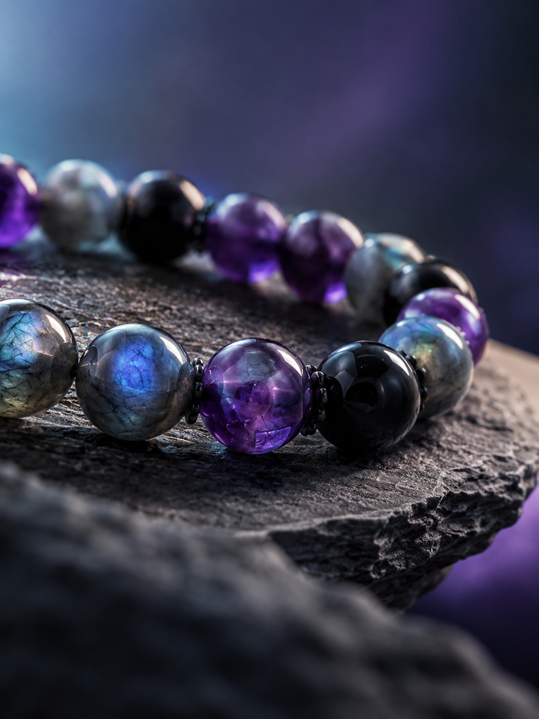 Labradorite, Amethyst & Black Obsidian Beaded Bracelet - Inner Light