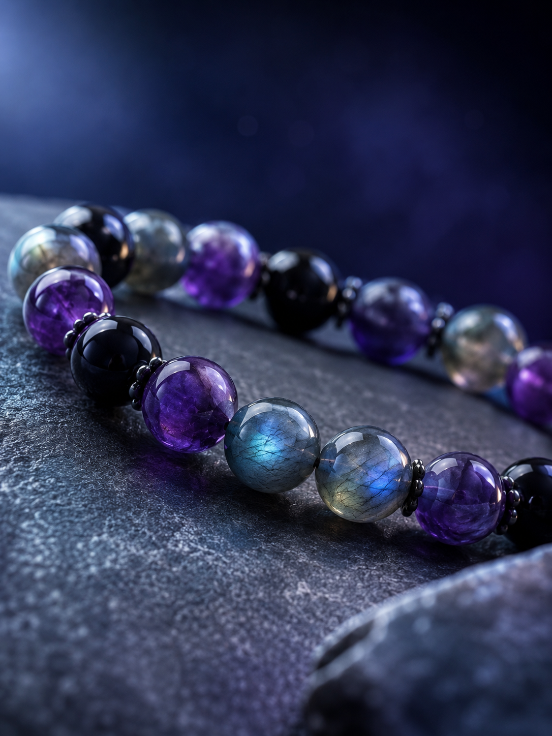 Labradorite, Amethyst & Black Obsidian Beaded Bracelet - Inner Light