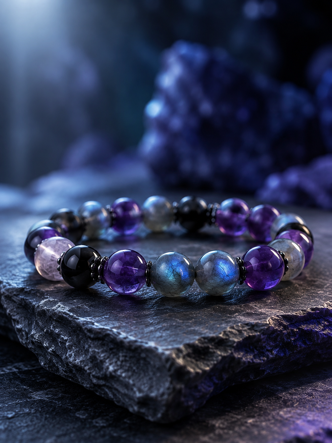 Labradorite, Amethyst & Black Obsidian Beaded Bracelet - Inner Light