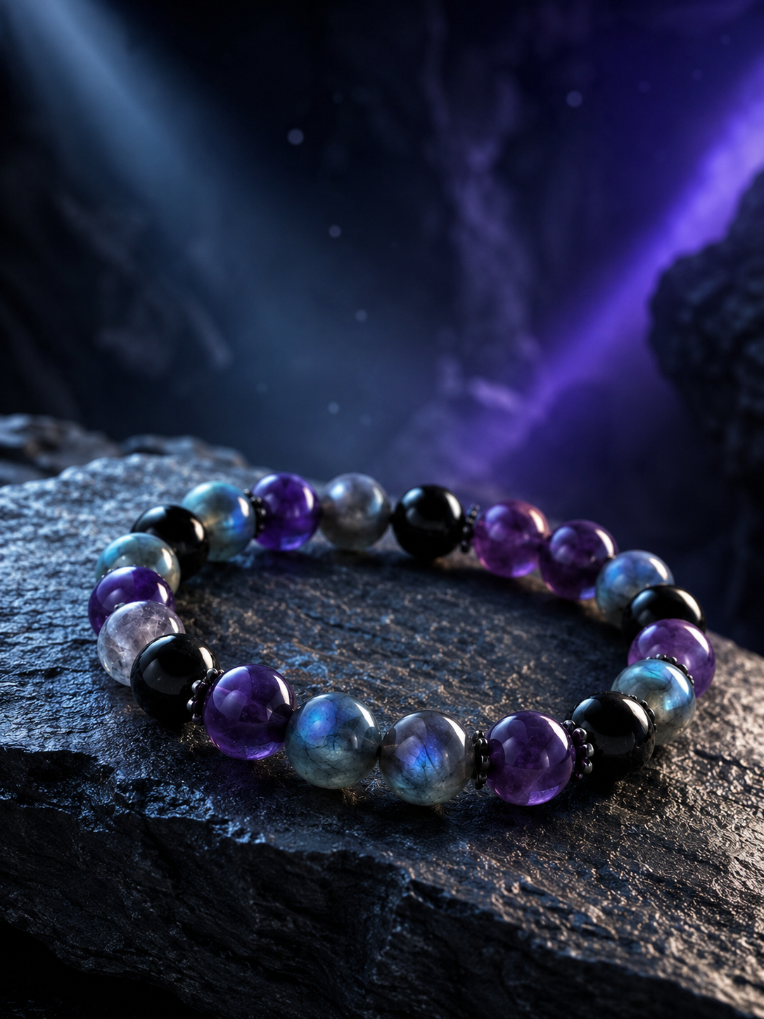 Labradorite, Amethyst & Black Obsidian Beaded Bracelet - Inner Light