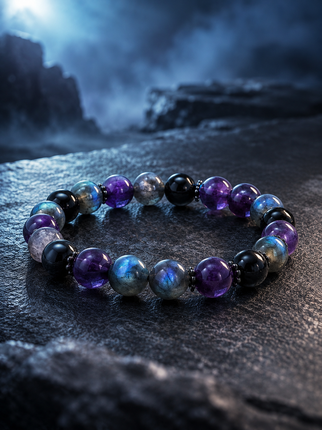 Labradorite, Amethyst & Black Obsidian Beaded Bracelet - Inner Light