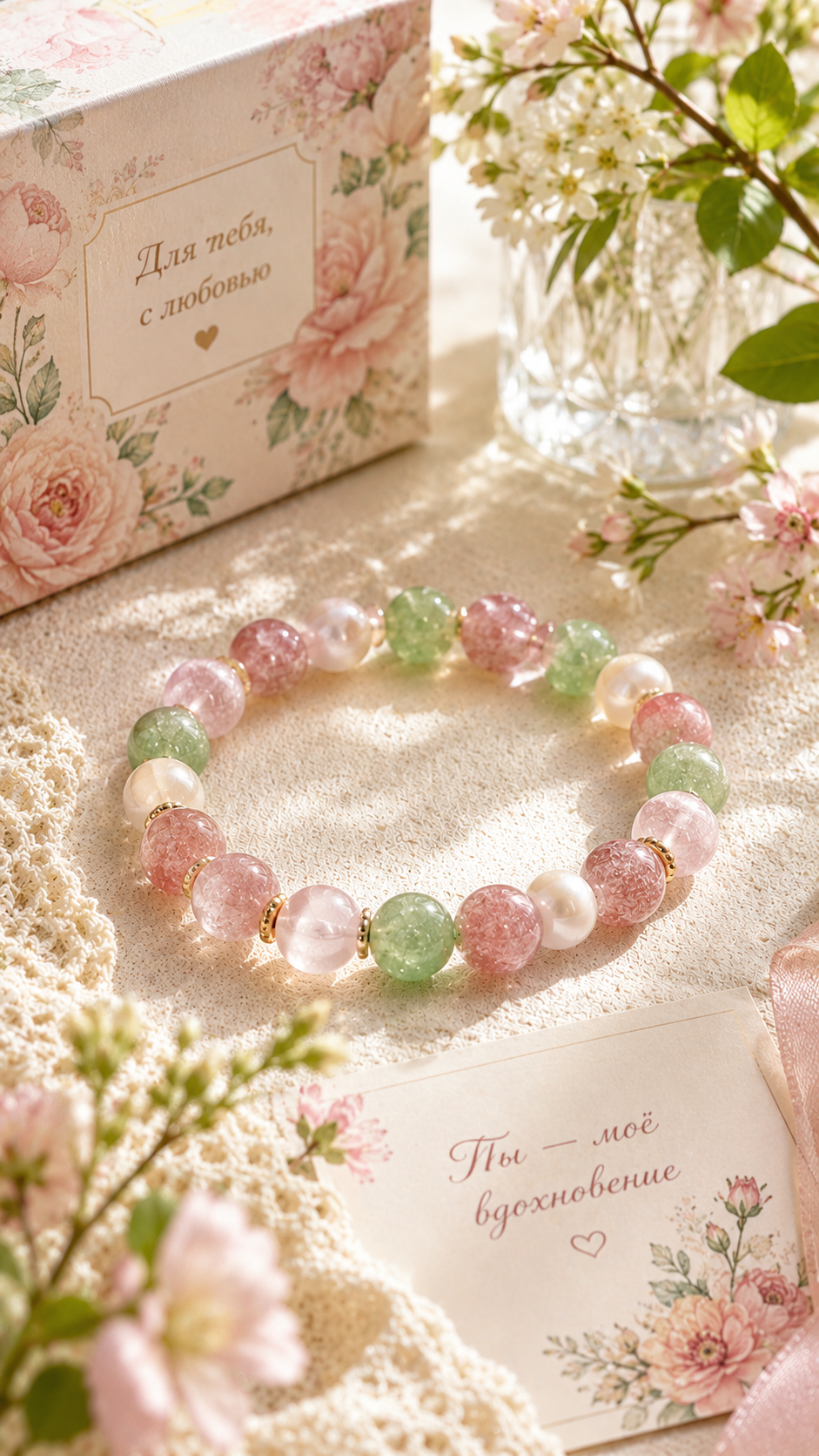 Strawberry Quartz, Green Aventurine & Mother-of-Pearl Beaded Bracelet - Spring Azure