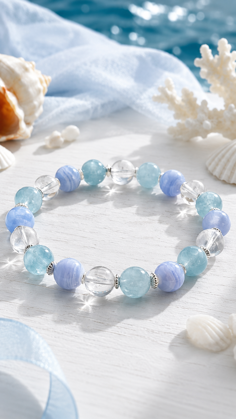 Aquamarine, Blue Lace Agate & Clear Quartz Beaded Bracelet - Still Realm