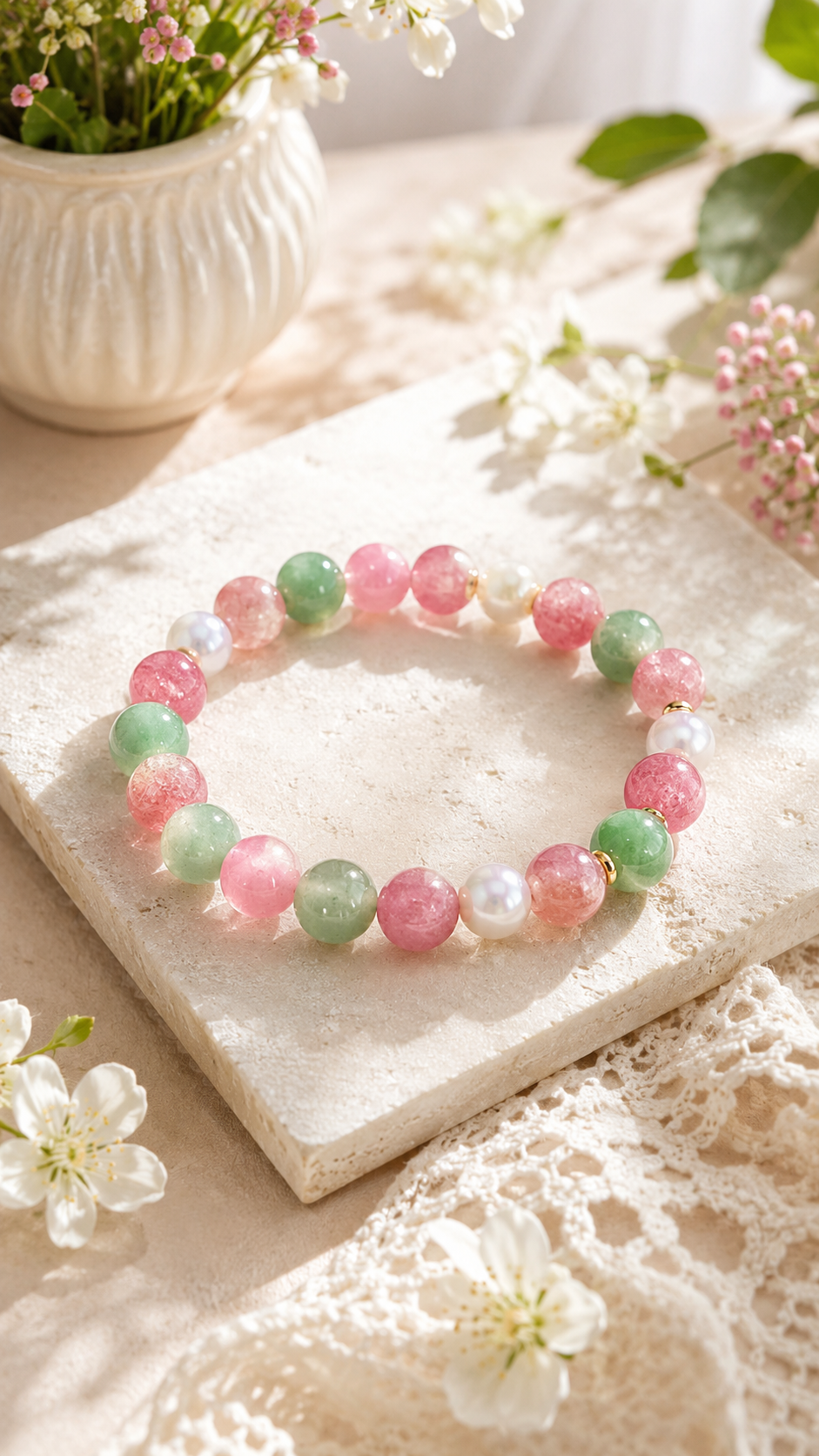 Strawberry Quartz, Green Aventurine & Mother-of-Pearl Beaded Bracelet - Spring Azure