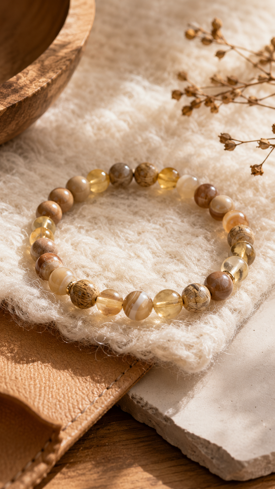 Petrified Wood, Citrine & Honey Agate Beaded Bracelet - Revival