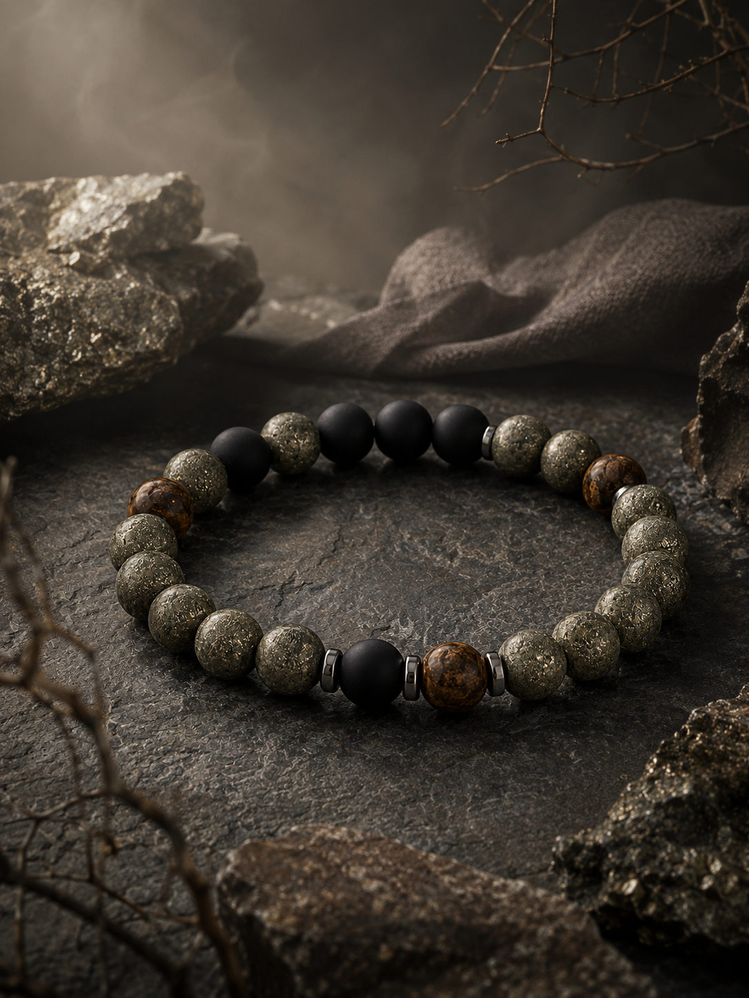 Matte Pyrite, Bronzite & Black Obsidian Beaded Bracelet - Iron Shield