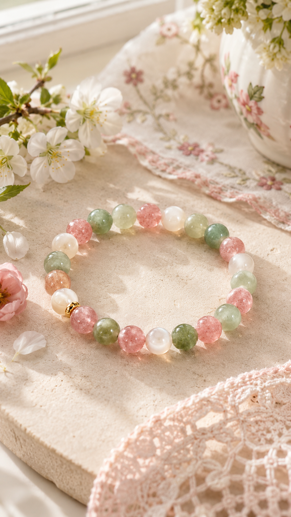 Strawberry Quartz, Green Aventurine & Mother-of-Pearl Beaded Bracelet - Spring Azure