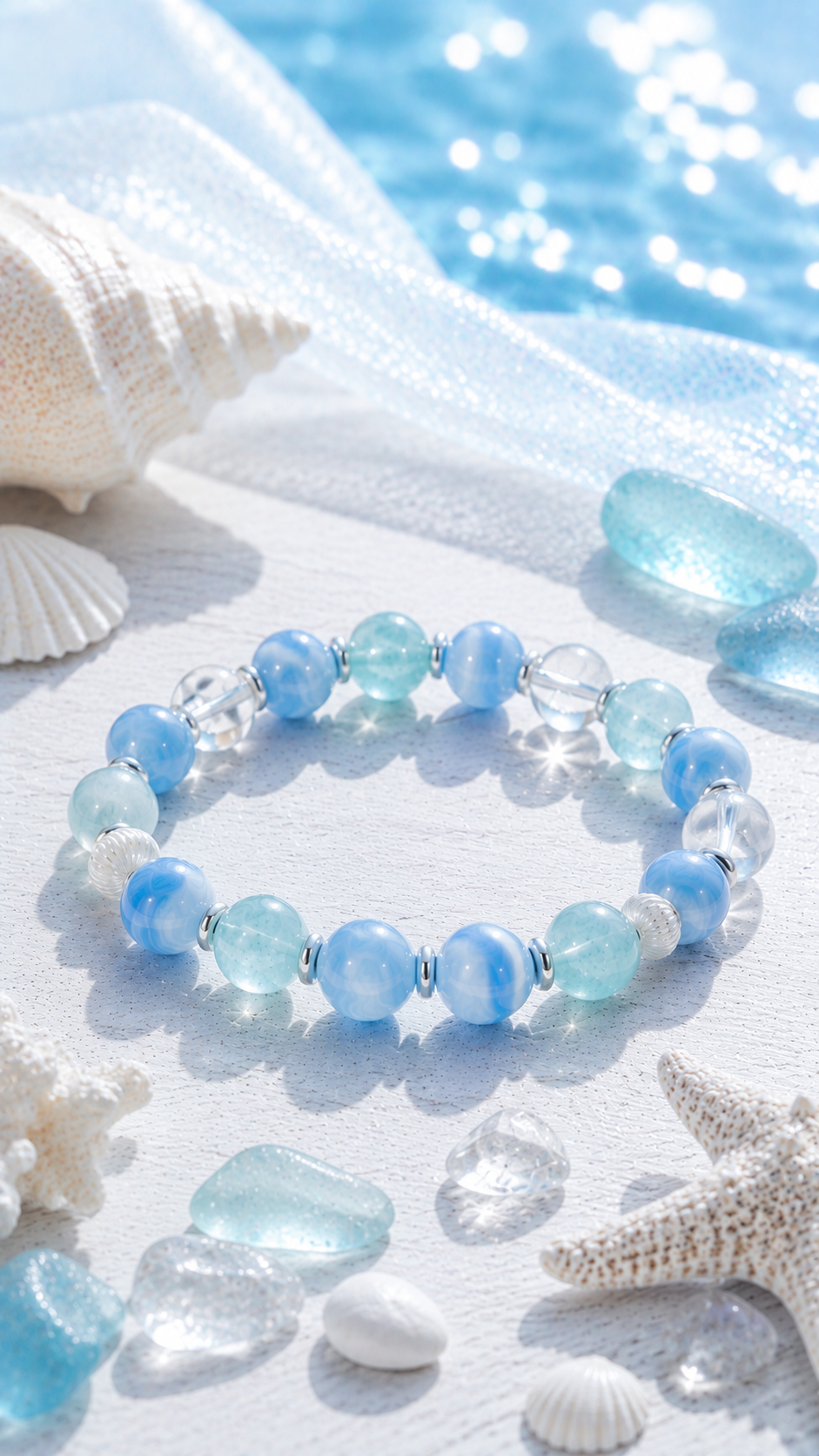 Aquamarine, Blue Lace Agate & Clear Quartz Beaded Bracelet - Still Realm