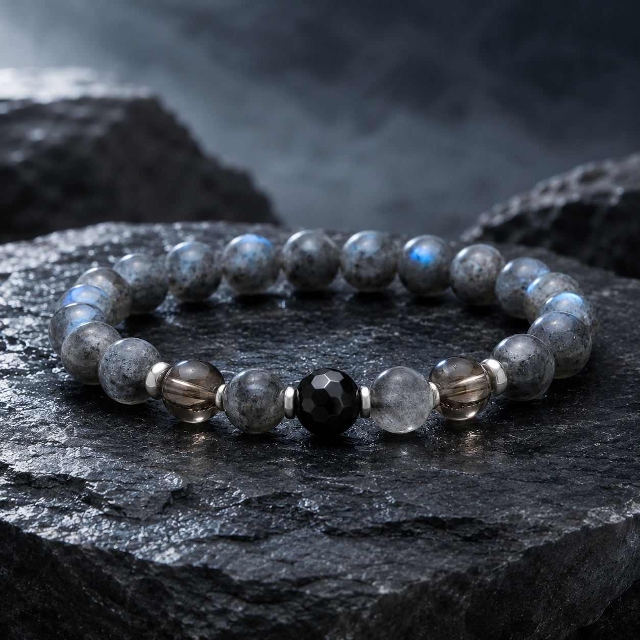 Gray Labradorite, Smoky Quartz & Black Obsidian Beaded Bracelet - Storm Moon