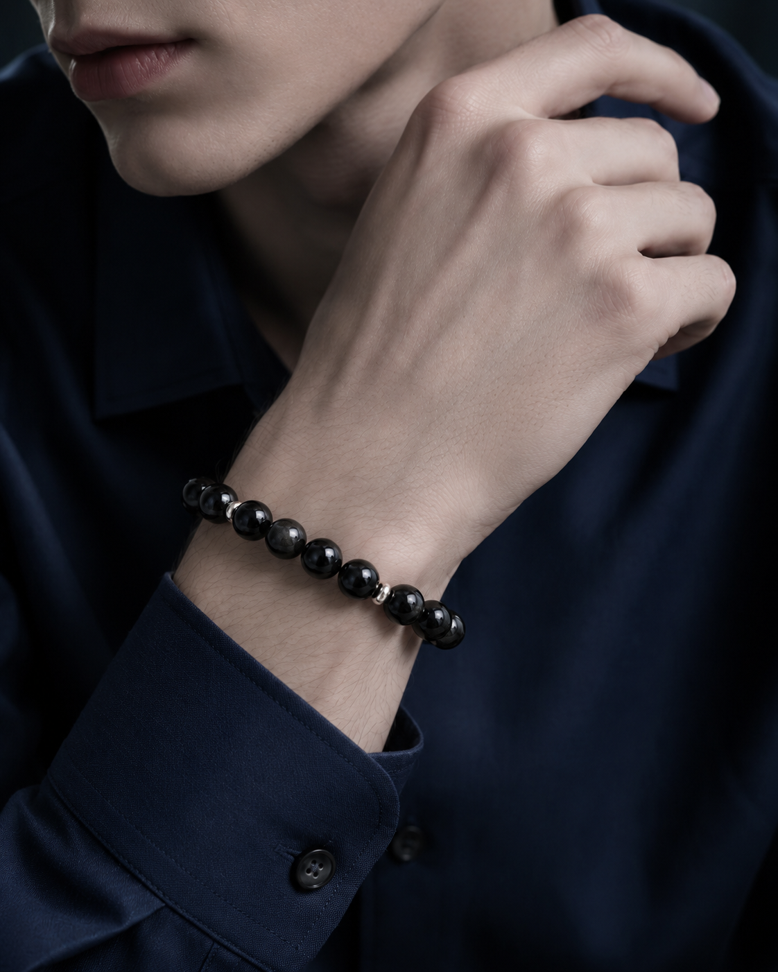 Black Obsidian & Black Agate Beaded Bracelet - Black Mirror