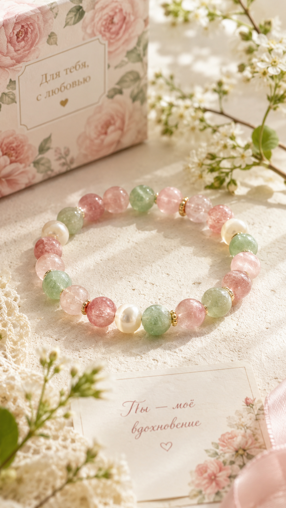Strawberry Quartz, Green Aventurine & Mother-of-Pearl Beaded Bracelet - Spring Azure