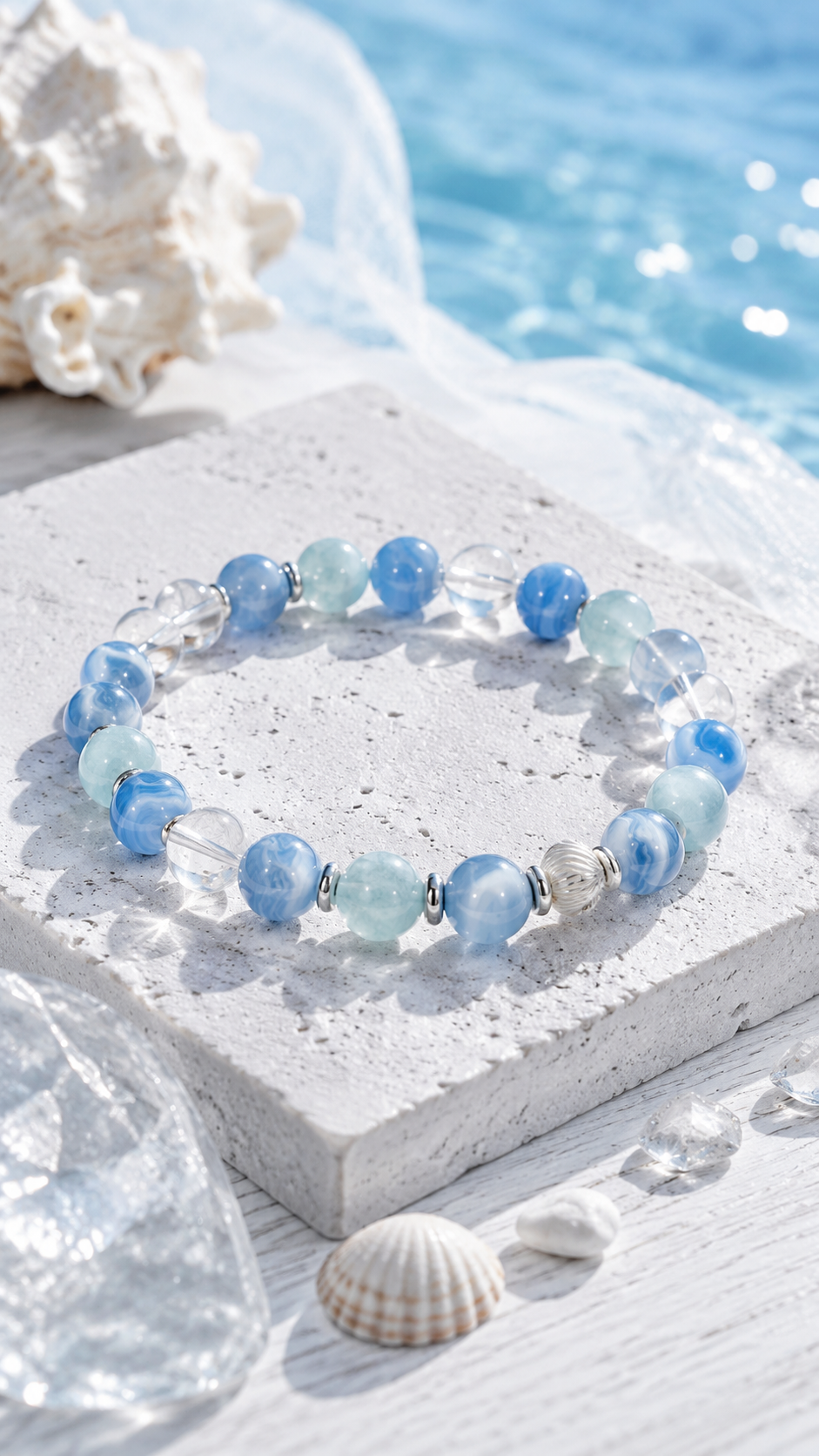 Aquamarine, Blue Lace Agate & Clear Quartz Beaded Bracelet - Still Realm