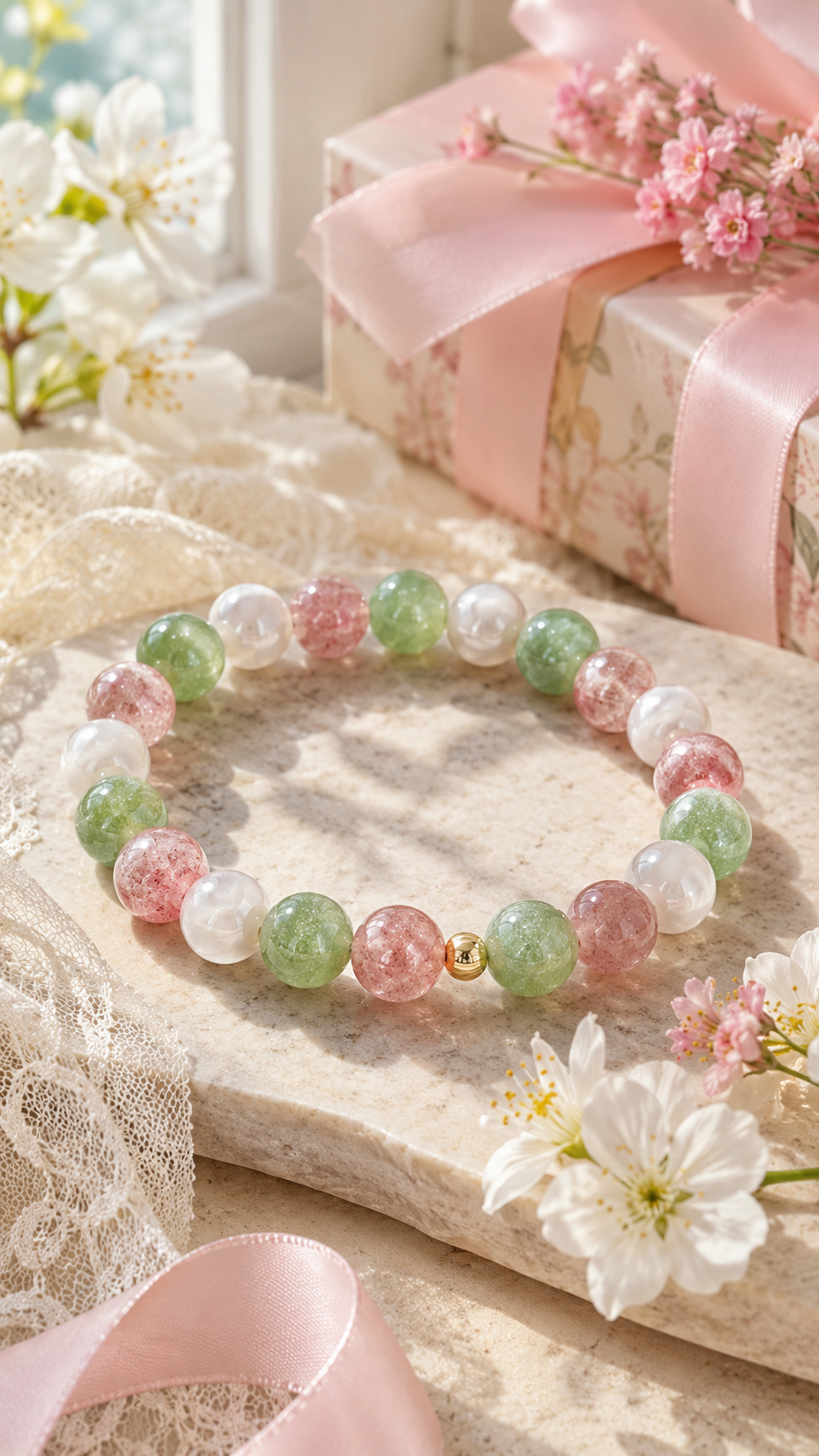 Strawberry Quartz, Green Aventurine & Mother-of-Pearl Beaded Bracelet - Spring Azure