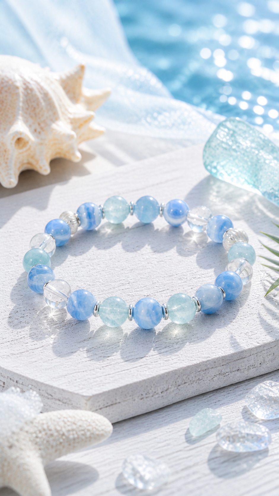 Aquamarine, Blue Lace Agate & Clear Quartz Beaded Bracelet - Still Realm