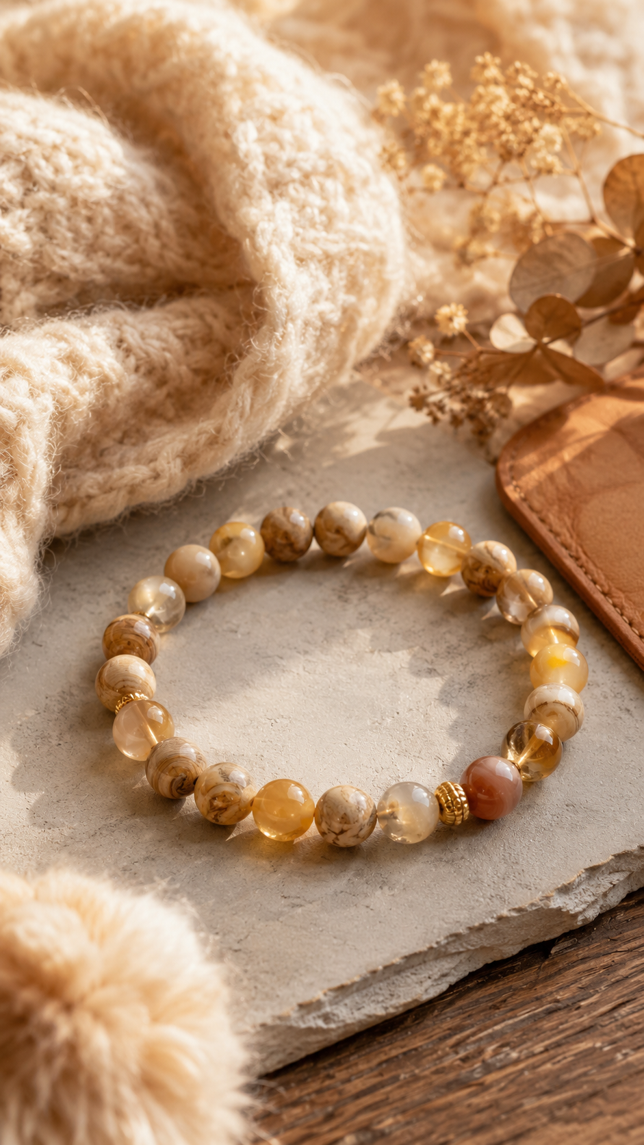 Petrified Wood, Citrine & Honey Agate Beaded Bracelet - Revival