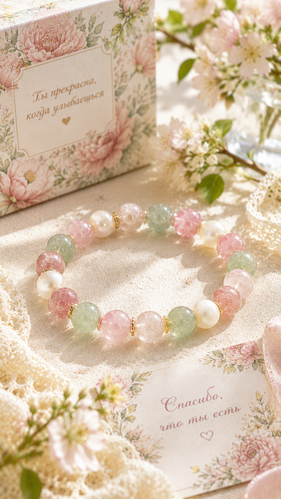 Strawberry Quartz, Green Aventurine & Mother-of-Pearl Beaded Bracelet - Spring Azure
