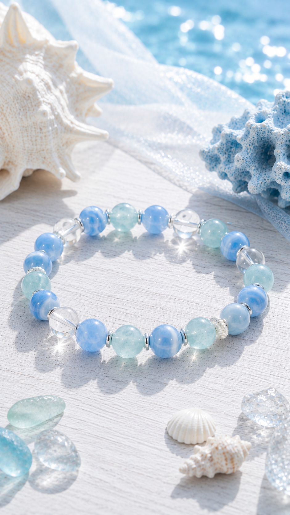 Aquamarine, Blue Lace Agate & Clear Quartz Beaded Bracelet - Still Realm