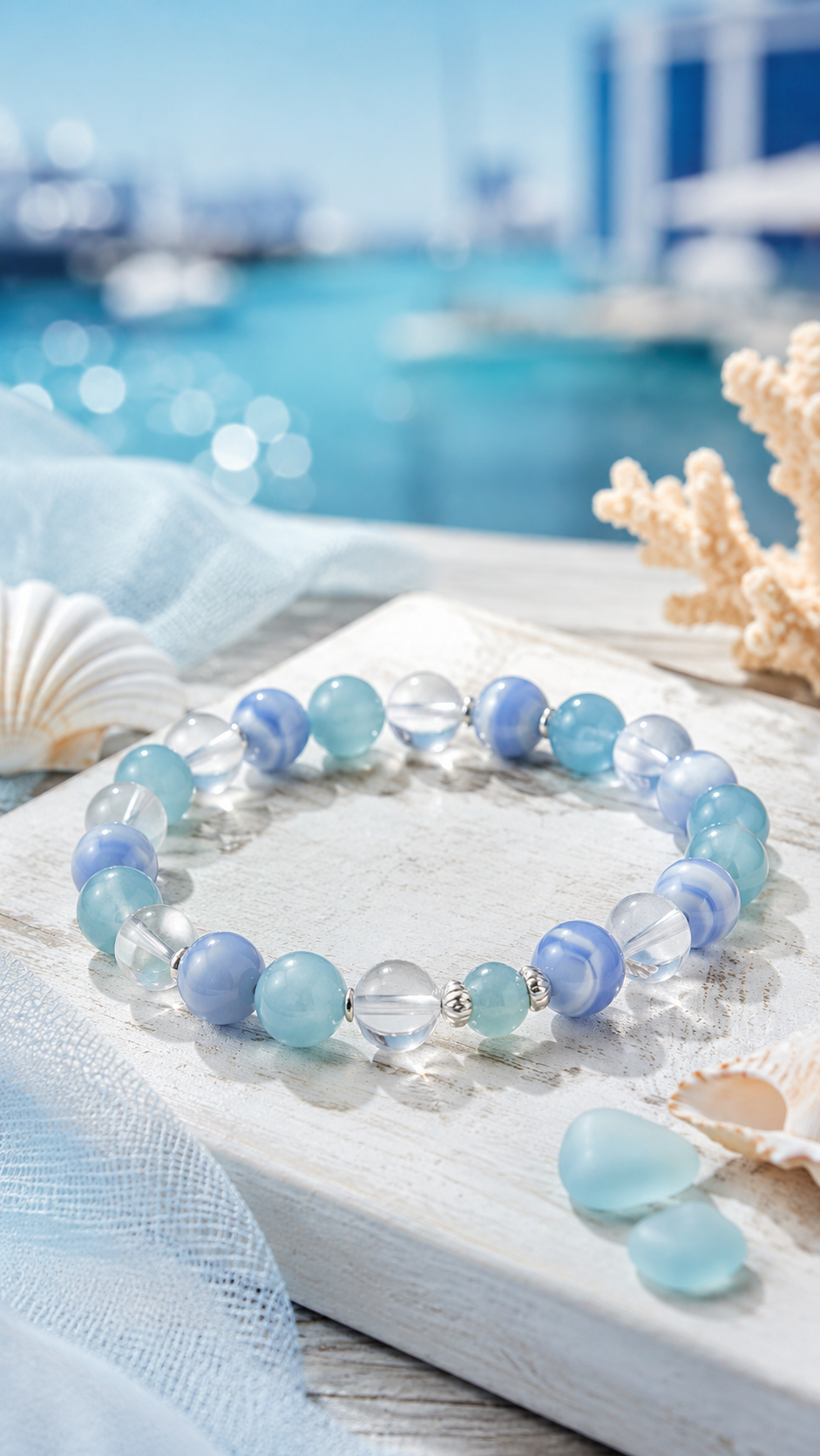 Aquamarine, Blue Lace Agate & Clear Quartz Beaded Bracelet - Still Realm