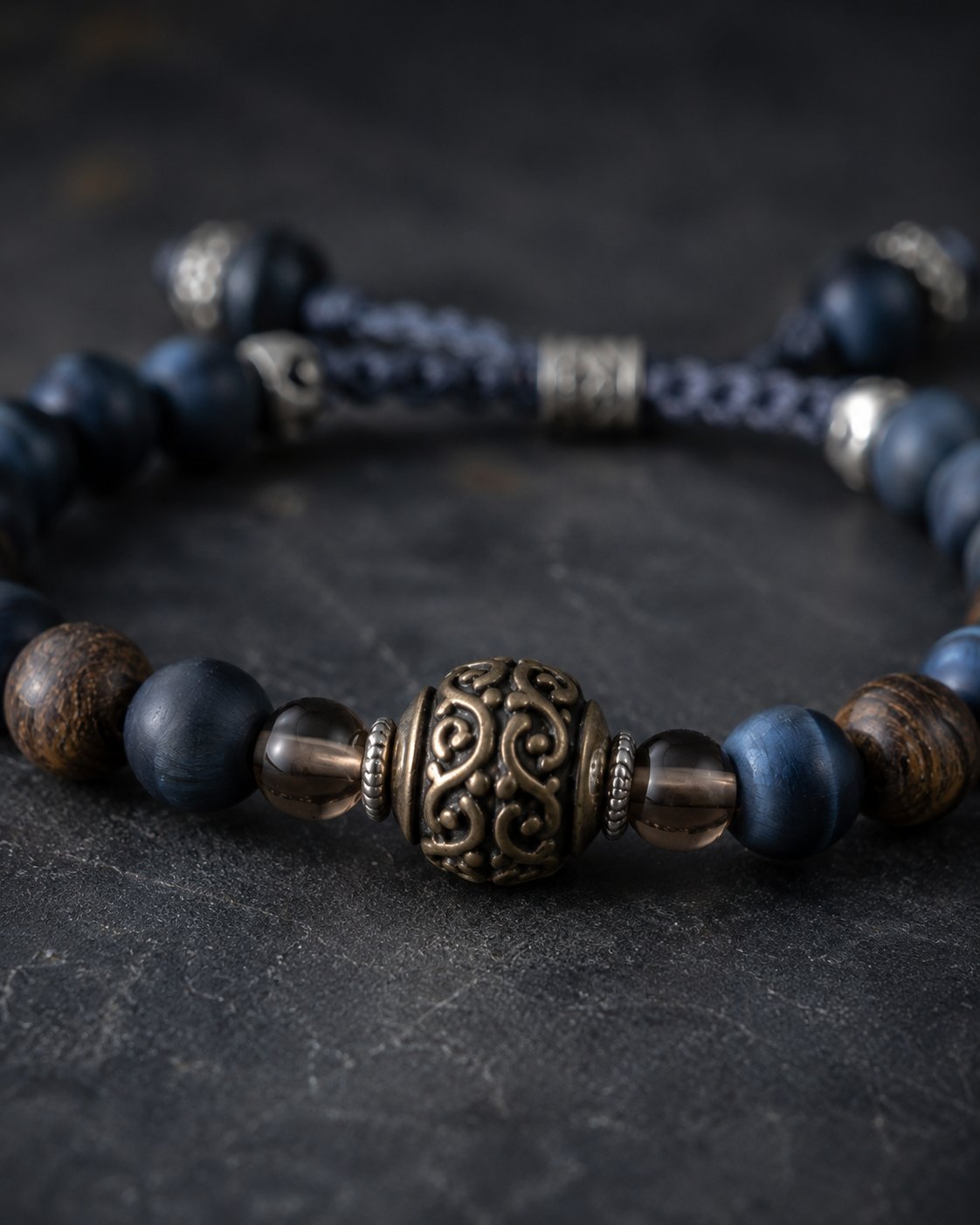 Matte Blue Tiger’s Eye, Bronzite & Smoky Quartz Beaded Bracelet - Bronze Tide