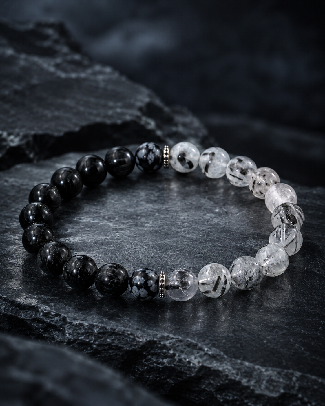 Black Tourmaline, Black Rutilated Quartz & Snowflake Obsidian Beaded Bracelet - Nightfall